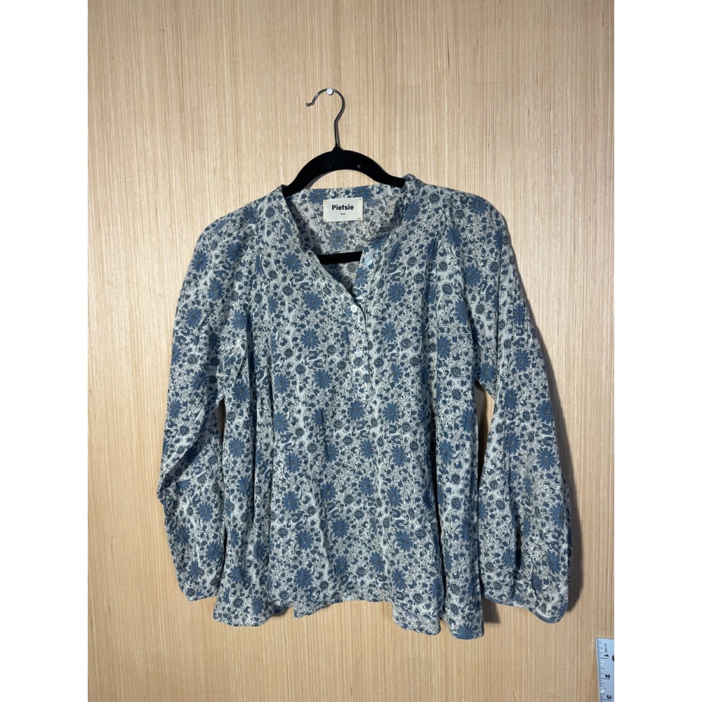 Pietsie Blue White Floral Cotton Henley Blouse Womens Small Made in USA Boho Top
